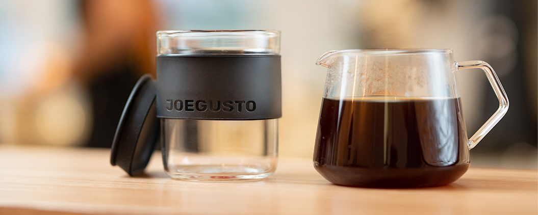 Joe Gusto reusable coffee cup glass 8oz being used with v60 filter coffee